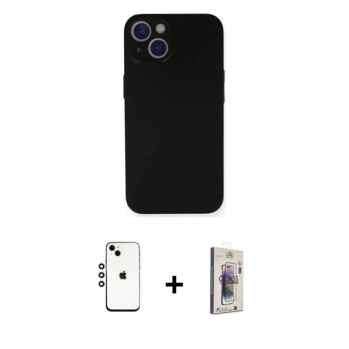 MARSİLYAN™- iPhone 14 Kılıf Yadigar Yansıma Serisi - Siyah Bilvis 3D Cam Ekran Koruyucu + Shine Kamera Lens - GS