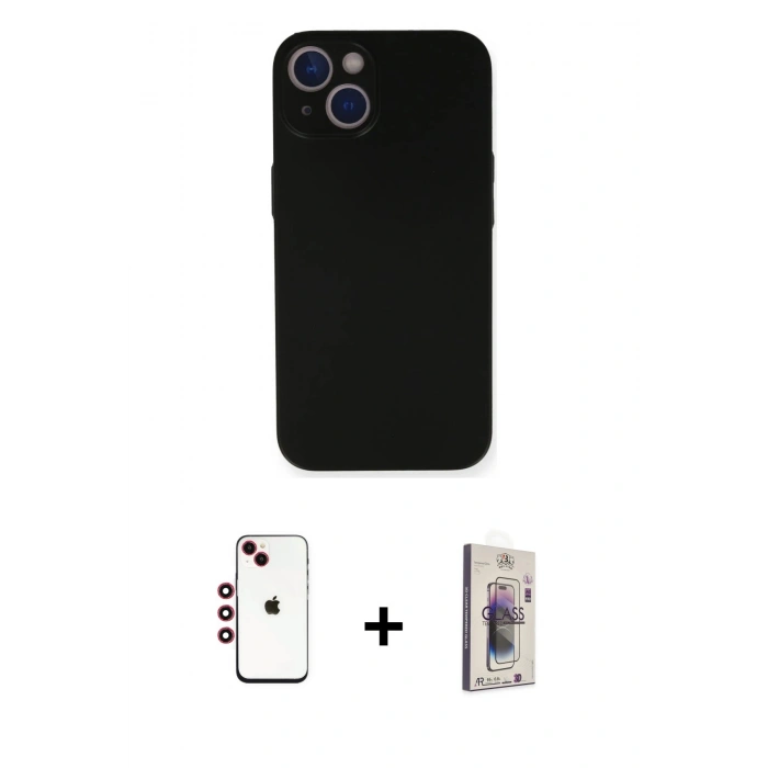 MARSİLYAN™- iPhone 14 Kılıf Yadigar Yansıma Serisi - Siyah Bilvis 3D Cam Ekran Koruyucu + Shine Kamera Lens - KI