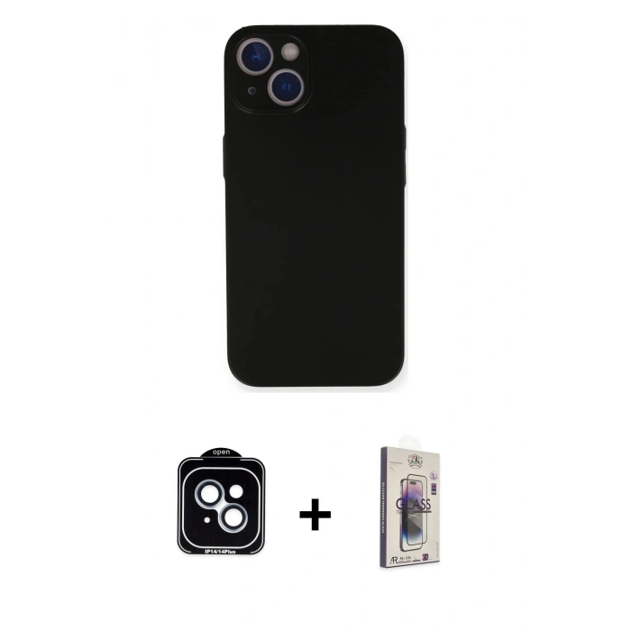 MARSİLYAN™- iPhone 14 Kılıf Yadigar Yansıma Serisi - Siyah Bilvis 3D Cam Ekran Koruyucu + PVD Metal Kamera Lens - MI