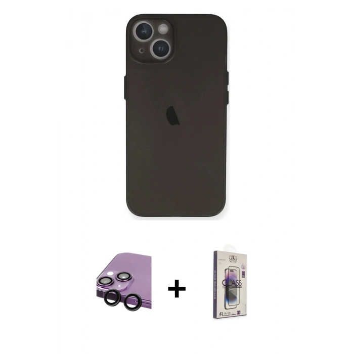 MARSİLYAN™- iPhone 14 Kılıf Yadigar Yansıma Serisi - Siyah Bilvis 3D Cam Ekran Koruyucu + Raze Metal Kamera Lens - SH