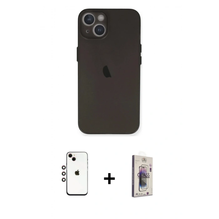 MARSİLYAN™- iPhone 14 Kılıf Yadigar Yansıma Serisi - Siyah Bilvis 3D Cam Ekran Koruyucu + Shine Kamera Lens - GI