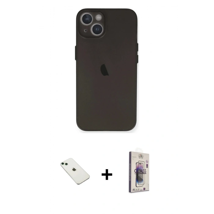 MARSİLYAN™- iPhone 14 Kılıf Yadigar Yansıma Serisi - Siyah Bilvis 3D Cam Ekran Koruyucu + Diamond Kamera Lens - YL
