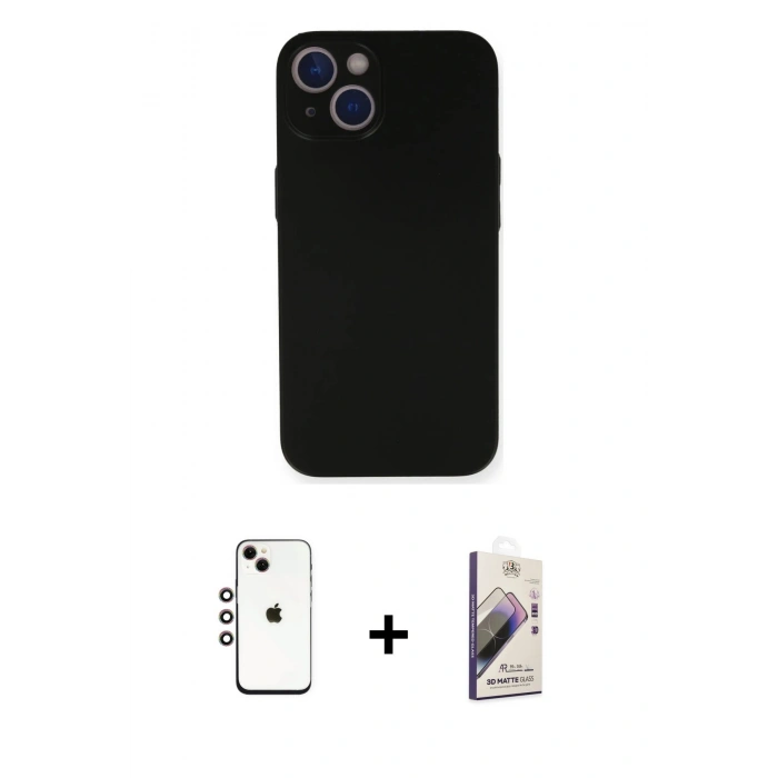 MARSİLYAN™- iPhone 14 Kılıf Yadigar Yansıma Serisi - Siyah Bilvis 3D Mat Cam Ekran Koruyucu + Gökkuşağı Shine Kamera Lens