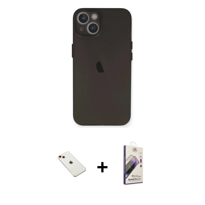 MARSİLYAN™- iPhone 14 Kılıf Yadigar Yansıma Serisi - Siyah Bilvis 3D Mat Cam Ekran Koruyucu + Kırmızı Diamond Kamera Lens