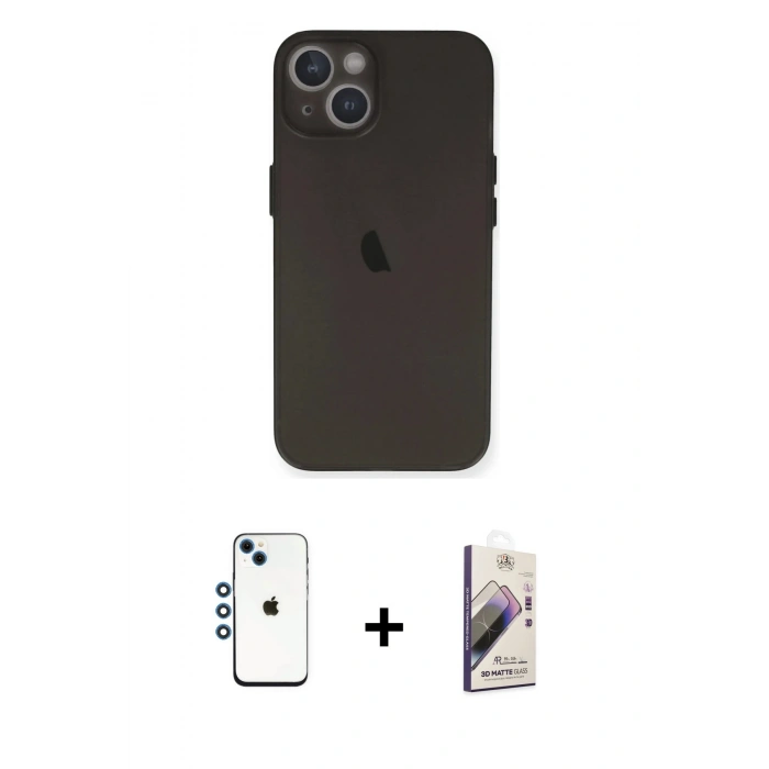 MARSİLYAN™- iPhone 14 Kılıf Yadigar Yansıma Serisi - Siyah Bilvis 3D Mat Cam Ekran Koruyucu + Mavi Shine Kamera Lens