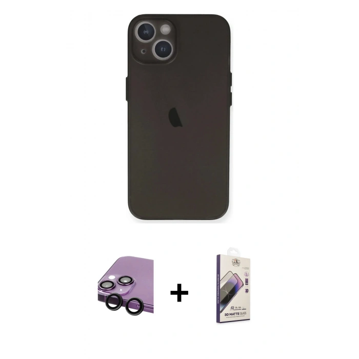 MARSİLYAN™- iPhone 14 Kılıf Yadigar Yansıma Serisi - Siyah Bilvis 3D Mat Cam Ekran Koruyucu + Raze Metal Kamera Lens - SH