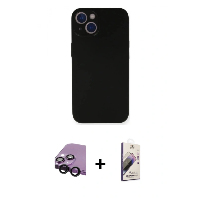 MARSİLYAN™- iPhone 14 Kılıf Yadigar Yansıma Serisi - Siyah Bilvis 3D Mat Cam Ekran Koruyucu + Raze Metal Kamera Lens - SH