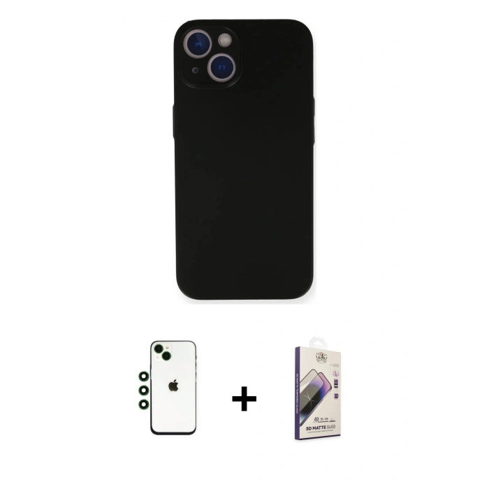 MARSİLYAN™- iPhone 14 Kılıf Yadigar Yansıma Serisi - Siyah Bilvis 3D Mat Cam Ekran Koruyucu + Shine Kamera Lens - YL