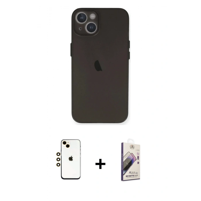 MARSİLYAN™- iPhone 14 Kılıf Yadigar Yansıma Serisi - Siyah Bilvis 3D Mat Cam Ekran Koruyucu + Shine Kamera Lens - GD