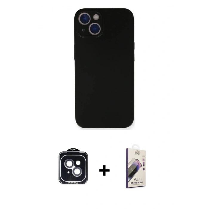 MARSİLYAN™- iPhone 14 Kılıf Yadigar Yansıma Serisi - Siyah Bilvis 3D Mat Cam Ekran Koruyucu + PVD Metal Kamera Lens - SH