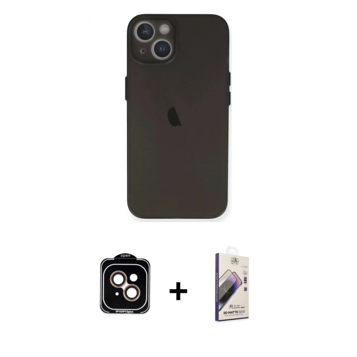 MARSİLYAN™- iPhone 14 Kılıf Yadigar Yansıma Serisi - Siyah Bilvis 3D Mat Cam Ekran Koruyucu + Turuncu PVD Metal Kamera Lens