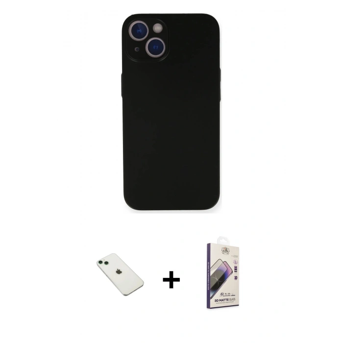 MARSİLYAN™- iPhone 14 Kılıf Yadigar Yansıma Serisi - Siyah Bilvis 3D Mat Cam Ekran Koruyucu + Diamond Kamera Lens - YL