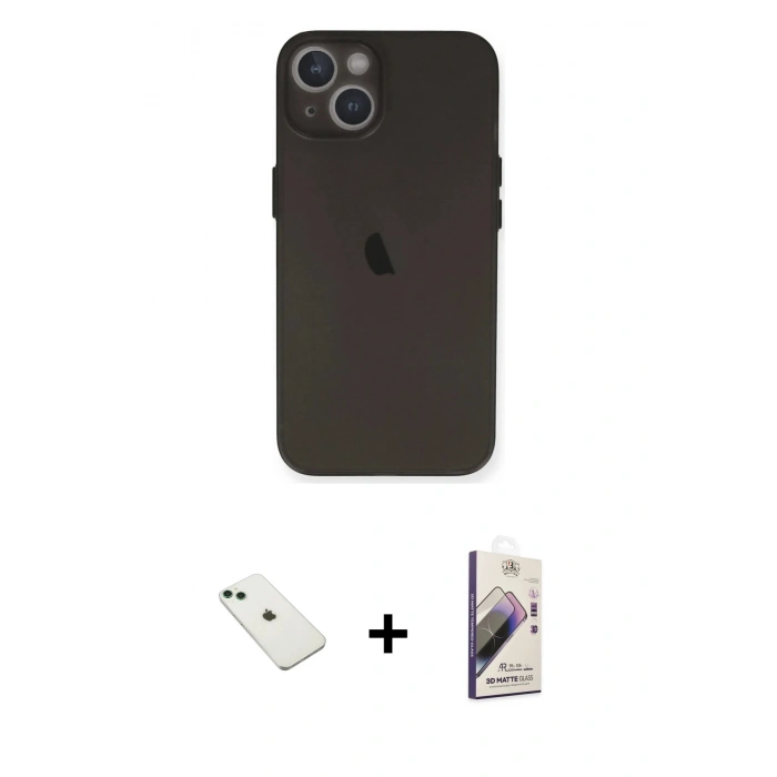 MARSİLYAN™- iPhone 14 Kılıf Yadigar Yansıma Serisi - Siyah Bilvis 3D Mat Cam Ekran Koruyucu + Diamond Kamera Lens - YL