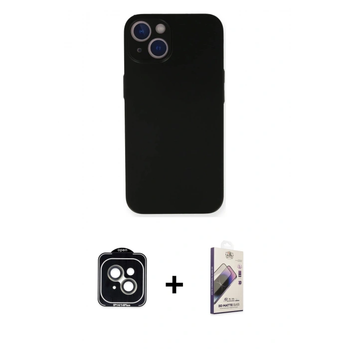 MARSİLYAN™- iPhone 14 Kılıf Yadigar Yansıma Serisi - Siyah Bilvis 3D Mat Cam Ekran Koruyucu + PVD Metal Kamera Lens - YL