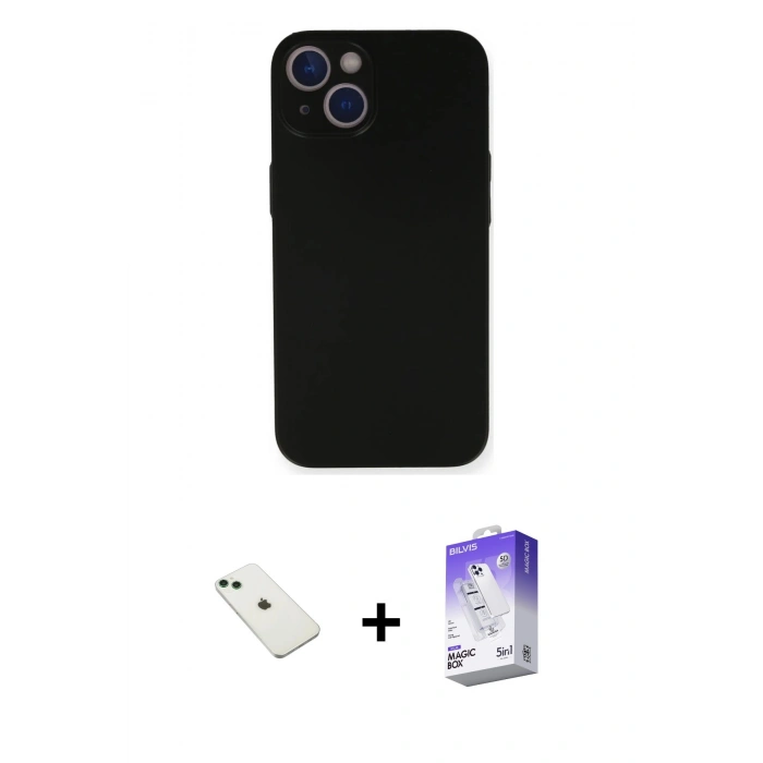 MARSİLYAN™- iPhone 14 Kılıf Yadigar Yansıma Serisi - Siyah Bilvis 5in1 3D Magic Cam Ekran Koruyucu + Diamond Kamera Lens - YL
