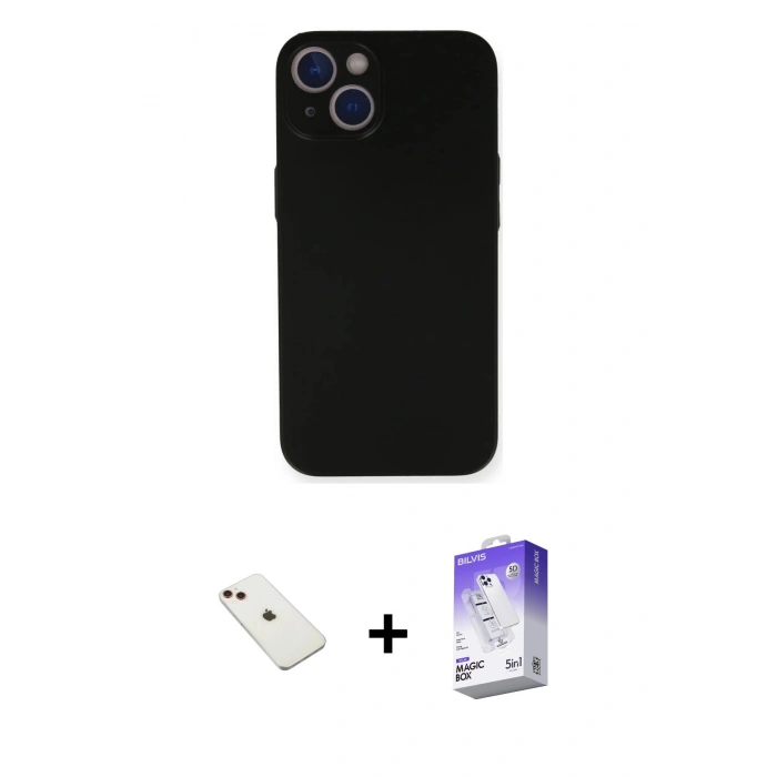 MARSİLYAN™- iPhone 14 Kılıf Yadigar Yansıma Serisi - Siyah Bilvis 5in1 3D Magic Cam Ekran Koruyucu + Diamond Kamera Lens - KI
