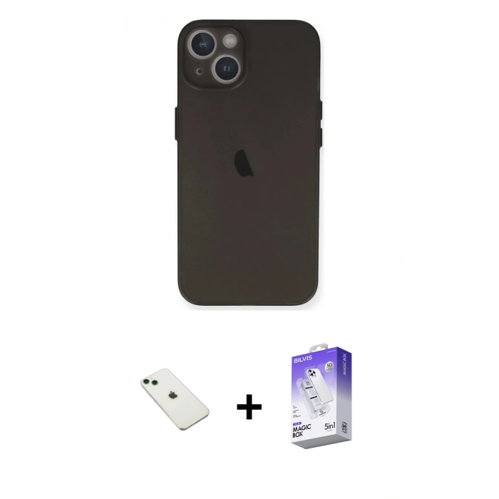 MARSİLYAN™- iPhone 14 Kılıf Yadigar Yansıma Serisi - Siyah Bilvis 5in1 3D Magic Cam Ekran Koruyucu + Diamond Kamera Lens - YL