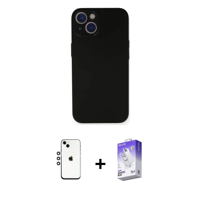 MARSİLYAN™- iPhone 14 Kılıf Yadigar Yansıma Serisi - Siyah Bilvis 5in1 3D Magic Cam Ekran Koruyucu + Shine Kamera Lens - GS