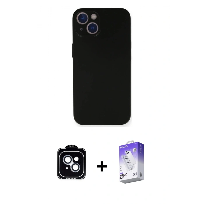 MARSİLYAN™- iPhone 14 Kılıf Yadigar Yansıma Serisi - Siyah Bilvis 5in1 3D Magic Cam Ekran Koruyucu + PVD Metal Kamera Lens - MI