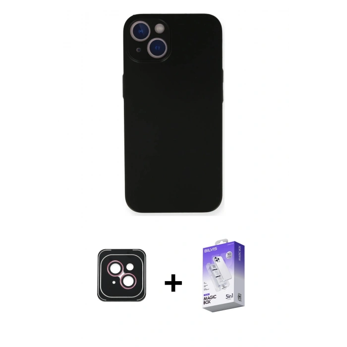 MARSİLYAN™- iPhone 14 Kılıf Yadigar Yansıma Serisi - Siyah Bilvis 5in1 3D Magic Cam Ekran Koruyucu + Pembe PVD Metal Kamera Lens