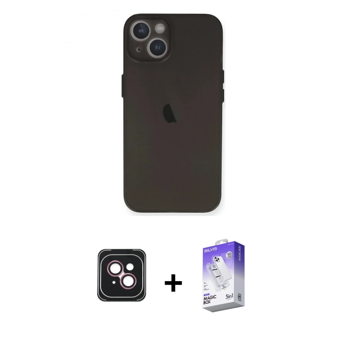 MARSİLYAN™- iPhone 14 Kılıf Yadigar Yansıma Serisi - Siyah Bilvis 5in1 3D Magic Cam Ekran Koruyucu + Pembe PVD Metal Kamera Lens