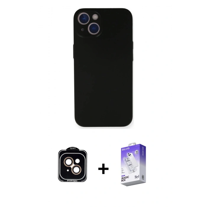 MARSİLYAN™- iPhone 14 Kılıf Yadigar Yansıma Serisi - Siyah Bilvis 5in1 3D Magic Cam Ekran Koruyucu + PVD Metal Kamera Lens - TU