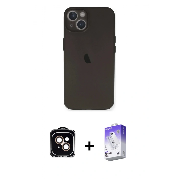 MARSİLYAN™- iPhone 14 Kılıf Yadigar Yansıma Serisi - Siyah Bilvis 5in1 3D Magic Cam Ekran Koruyucu + PVD Metal Kamera Lens - TU