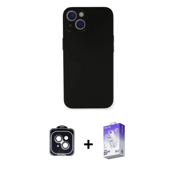 MARSİLYAN™- iPhone 14 Kılıf Yadigar Yansıma Serisi - Siyah Bilvis 5in1 3D Magic Cam Ekran Koruyucu + PVD Metal Kamera Lens - SH