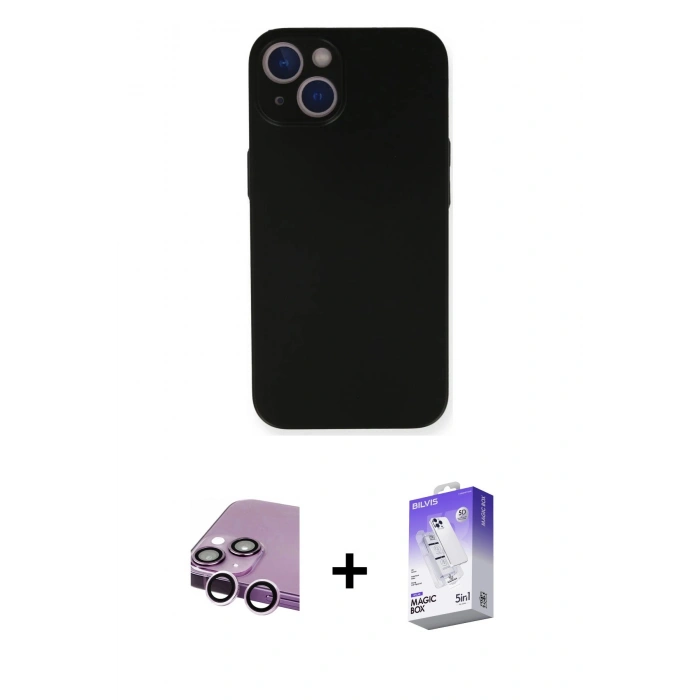 MARSİLYAN™- iPhone 14 Kılıf Yadigar Yansıma Serisi - Siyah Bilvis 5in1 3D Magic Cam Ekran Koruyucu + Raze Metal Kamera Lens - MR