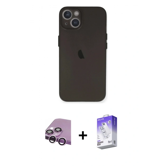 MARSİLYAN™- iPhone 14 Kılıf Yadigar Yansıma Serisi - Siyah Bilvis 5in1 3D Magic Cam Ekran Koruyucu + Raze Metal Kamera Lens - MR
