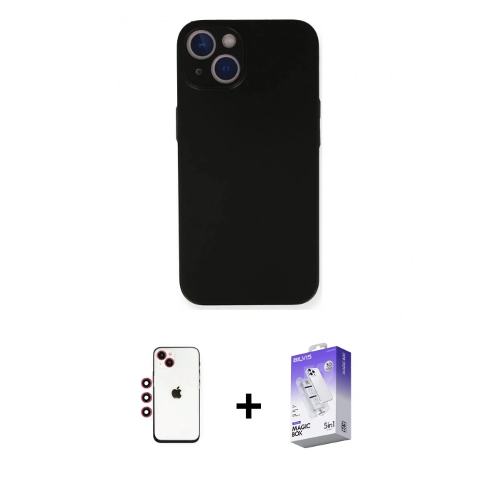 MARSİLYAN™- iPhone 14 Kılıf Yadigar Yansıma Serisi - Siyah Bilvis 5in1 3D Magic Cam Ekran Koruyucu + Shine Kamera Lens - KI