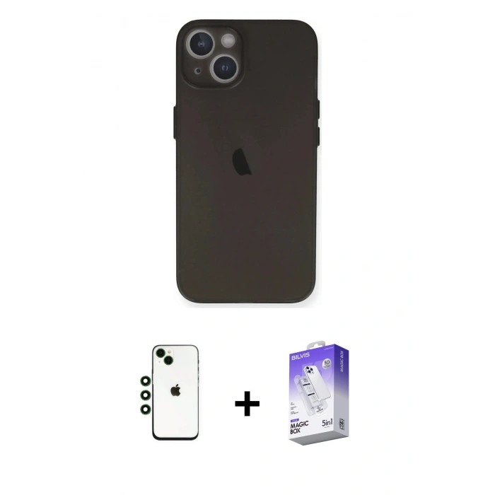 MARSİLYAN™- iPhone 14 Kılıf Yadigar Yansıma Serisi - Siyah Bilvis 5in1 3D Magic Cam Ekran Koruyucu + Shine Kamera Lens - YL