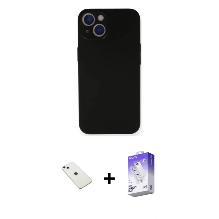MARSİLYAN™- iPhone 14 Kılıf Yadigar Yansıma Serisi - Siyah Bilvis 5in1 3D Magic Cam Ekran Koruyucu + Diamond Kamera Lens - SABE