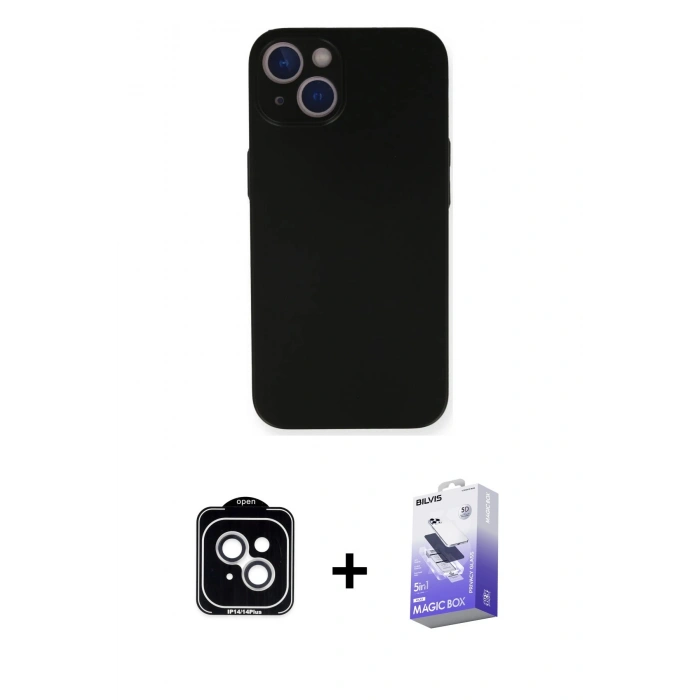 MARSİLYAN™- iPhone 14 Kılıf Yadigar Yansıma Serisi - Siyah Bilvis 5in1 5D Magic Hayalet Cam Ekran Koruyucu + PVD Metal Kamera Lens - GS