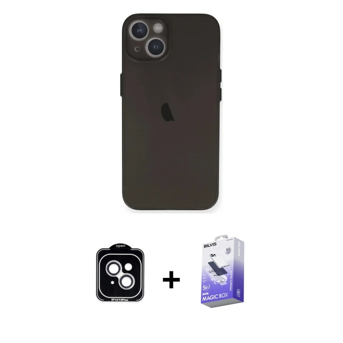 MARSİLYAN™- iPhone 14 Kılıf Yadigar Yansıma Serisi - Siyah Bilvis 5in1 5D Magic Hayalet Cam Ekran Koruyucu + PVD Metal Kamera Lens - GS
