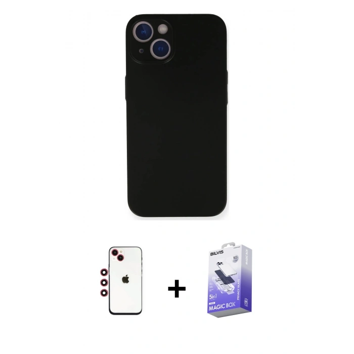 MARSİLYAN™- iPhone 14 Kılıf Yadigar Yansıma Serisi - Siyah Bilvis 5in1 5D Magic Hayalet Cam Ekran Koruyucu + Kırmızı Shine Kamera Lens