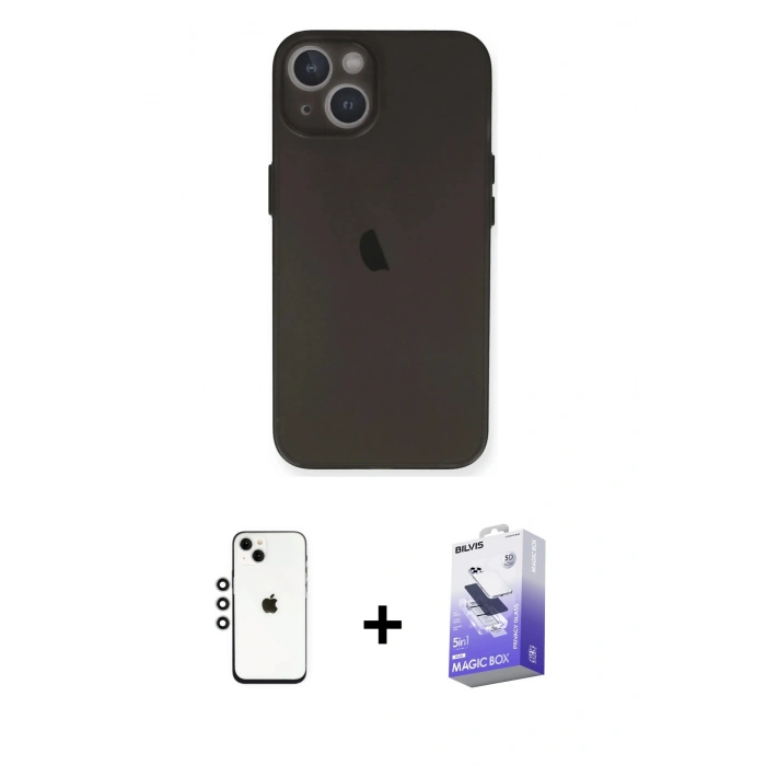 MARSİLYAN™- iPhone 14 Kılıf Yadigar Yansıma Serisi - Siyah Bilvis 5in1 5D Magic Hayalet Cam Ekran Koruyucu + Shine Kamera Lens - GS