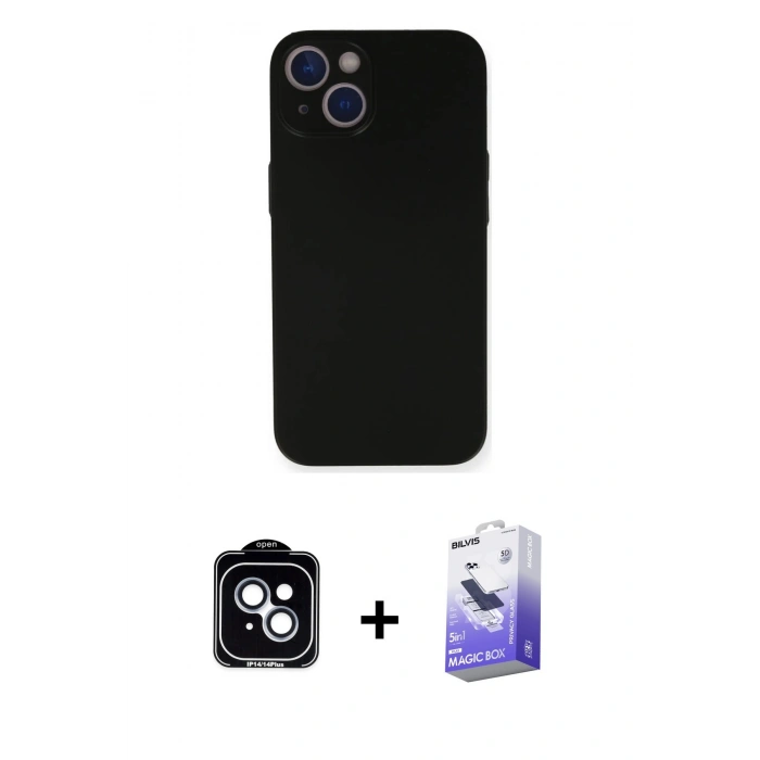 MARSİLYAN™- iPhone 14 Kılıf Yadigar Yansıma Serisi - Siyah Bilvis 5in1 5D Magic Hayalet Cam Ekran Koruyucu + PVD Metal Kamera Lens - MI