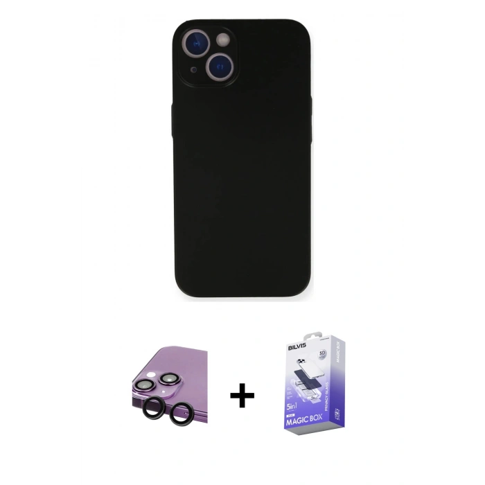 MARSİLYAN™- iPhone 14 Kılıf Yadigar Yansıma Serisi - Siyah Bilvis 5in1 5D Magic Hayalet Cam Ekran Koruyucu + Raze Metal Kamera Lens - SH