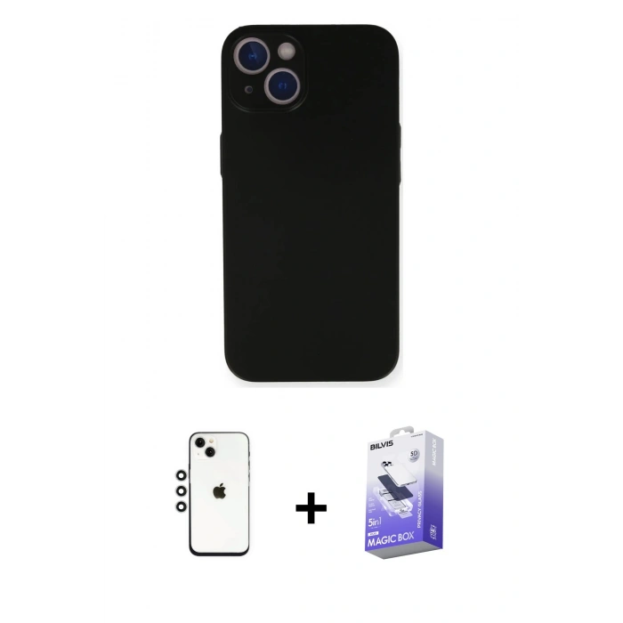 MARSİLYAN™- iPhone 14 Kılıf Yadigar Yansıma Serisi - Siyah Bilvis 5in1 5D Magic Hayalet Cam Ekran Koruyucu + Shine Kamera Lens - GS