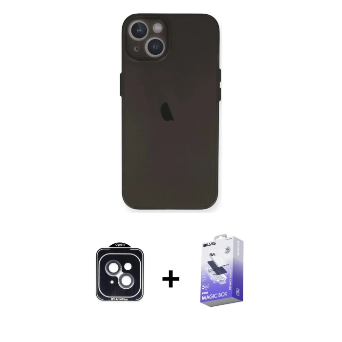 MARSİLYAN™- iPhone 14 Kılıf Yadigar Yansıma Serisi - Siyah Bilvis 5in1 5D Magic Hayalet Cam Ekran Koruyucu + PVD Metal Kamera Lens - SH