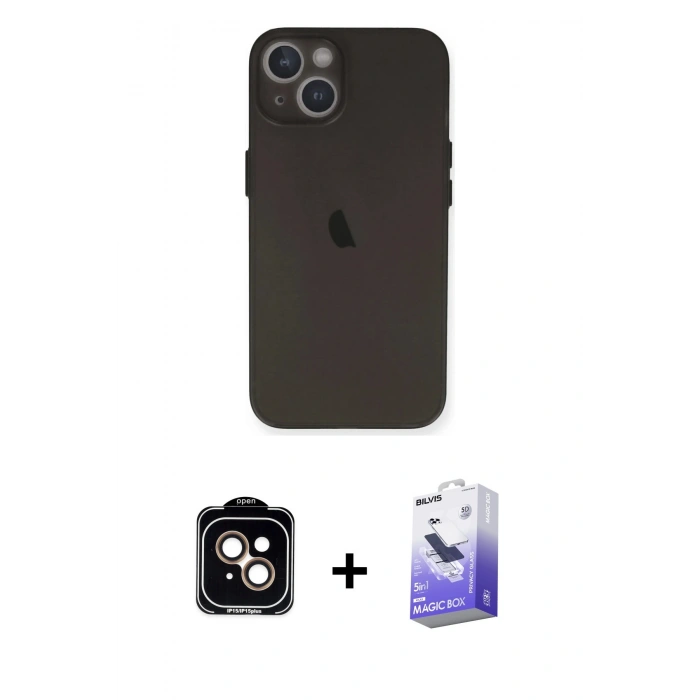 MARSİLYAN™- iPhone 14 Kılıf Yadigar Yansıma Serisi - Siyah Bilvis 5in1 5D Magic Hayalet Cam Ekran Koruyucu + PVD Metal Kamera Lens - TU