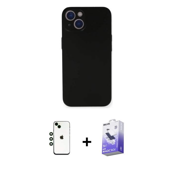 MARSİLYAN™- iPhone 14 Kılıf Yadigar Yansıma Serisi - Siyah Bilvis 5in1 5D Magic Hayalet Cam Ekran Koruyucu + Shine Kamera Lens - YL