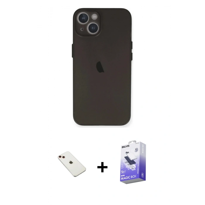 MARSİLYAN™- iPhone 14 Kılıf Yadigar Yansıma Serisi - Siyah Bilvis 5in1 5D Magic Hayalet Cam Ekran Koruyucu + Diamond Kamera Lens - KI