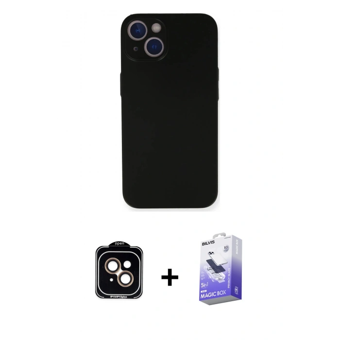 MARSİLYAN™- iPhone 14 Kılıf Yadigar Yansıma Serisi - Siyah Bilvis 5in1 5D Magic Hayalet Cam Ekran Koruyucu + PVD Metal Kamera Lens - TU
