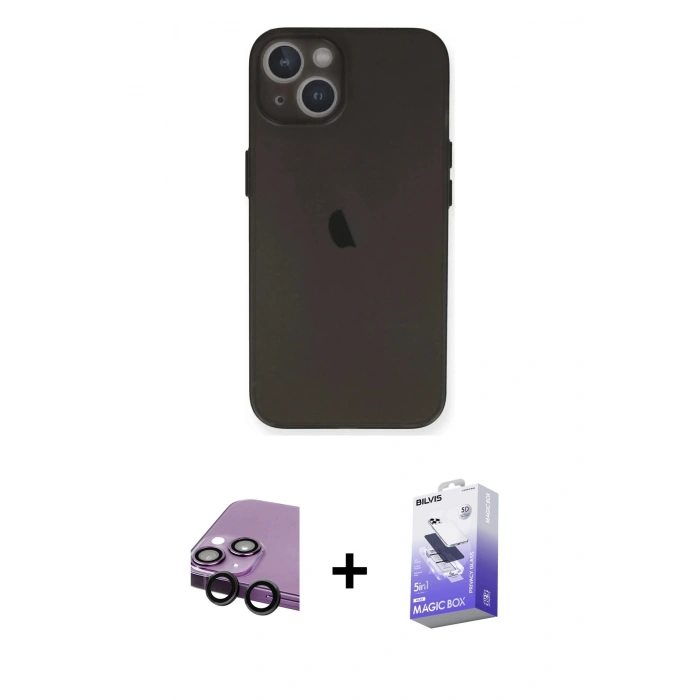 MARSİLYAN™- iPhone 14 Kılıf Yadigar Yansıma Serisi - Siyah Bilvis 5in1 5D Magic Hayalet Cam Ekran Koruyucu + Raze Metal Kamera Lens - SH