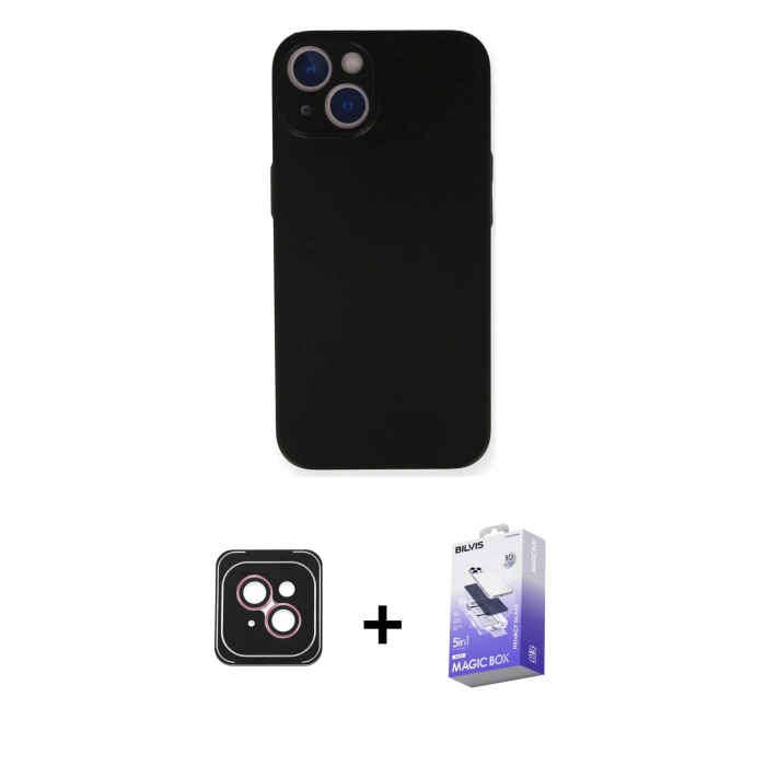 MARSİLYAN™- iPhone 14 Kılıf Yadigar Yansıma Serisi - Siyah Bilvis 5in1 5D Magic Hayalet Cam Ekran Koruyucu + PVD Metal Kamera Lens - PE