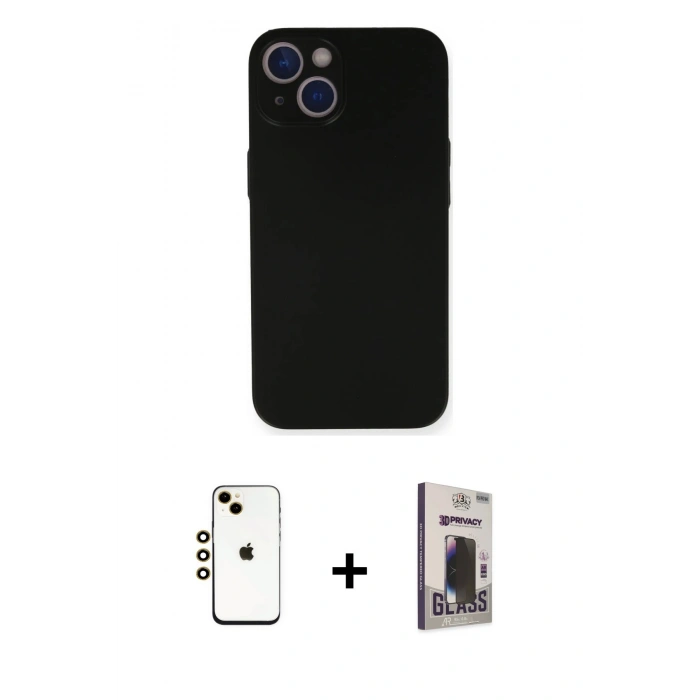 MARSİLYAN™- iPhone 14 Kılıf Yadigar Yansıma Serisi - Siyah Bilvis Hayalet Cam Ekran Koruyucu + Gold Shine Kamera Lens