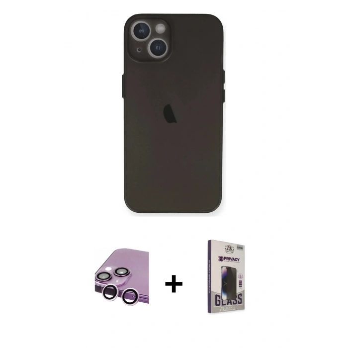 MARSİLYAN™- iPhone 14 Kılıf Yadigar Yansıma Serisi - Siyah Bilvis Hayalet Cam Ekran Koruyucu + Raze Metal Kamera Lens - MR
