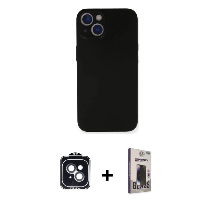 MARSİLYAN™- iPhone 14 Kılıf Yadigar Yansıma Serisi - Siyah Bilvis Hayalet Cam Ekran Koruyucu + PVD Metal Kamera Lens - SH